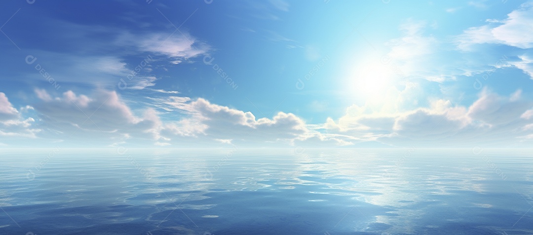 Céu e nuvens sobre a água em um horizonte azul