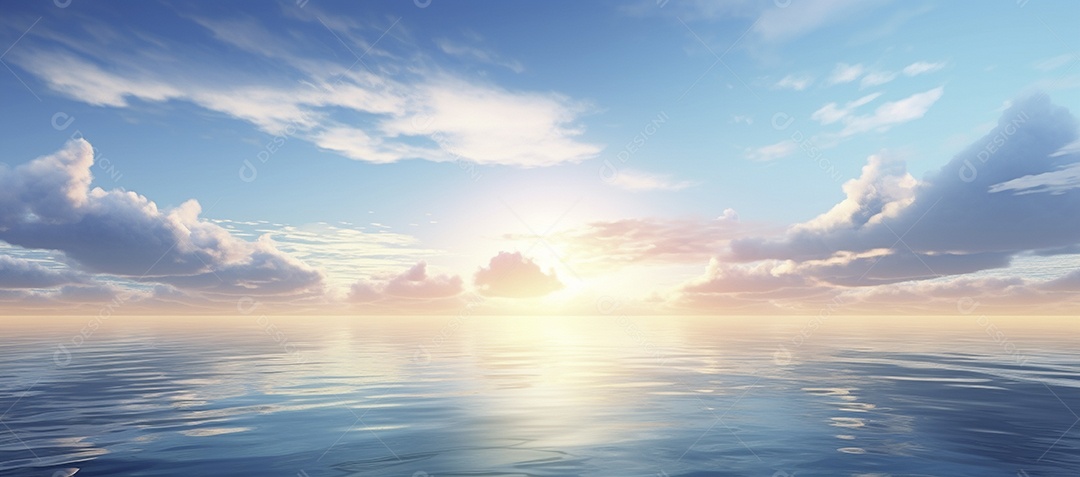 Céu e nuvens sobre a água em um horizonte azul