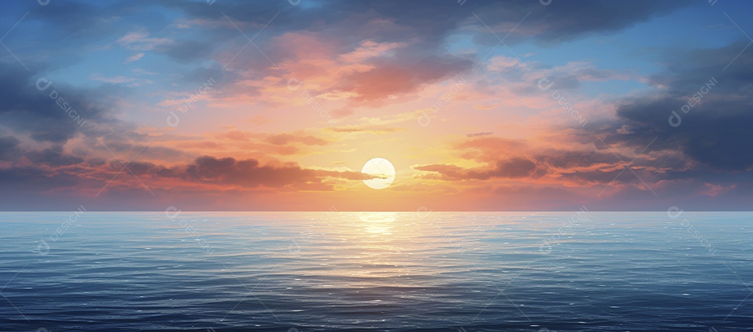 Céu e nuvens sobre a água em um horizonte azul