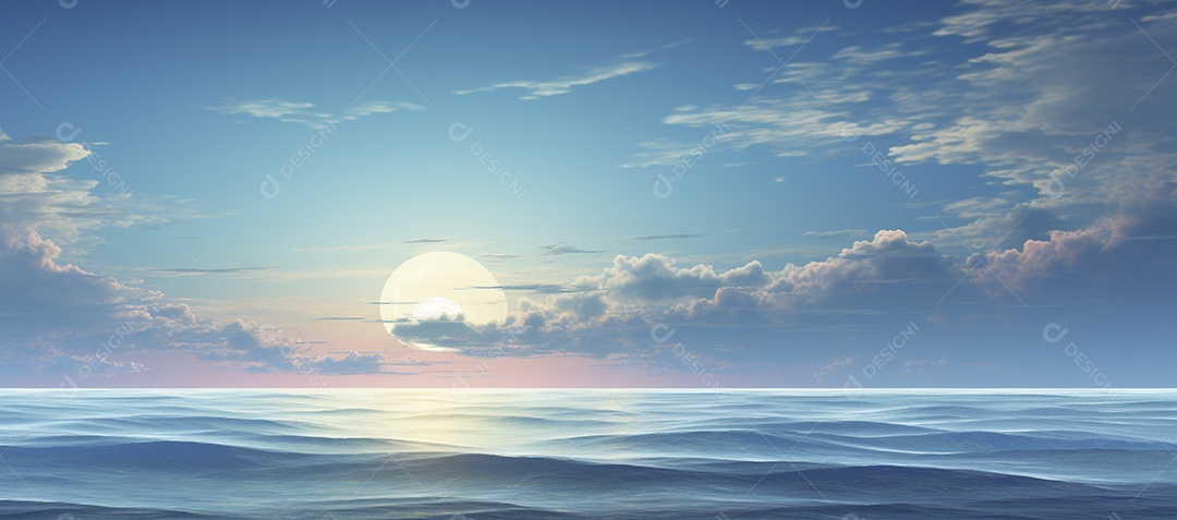 Céu e nuvens sobre a água em um horizonte azul