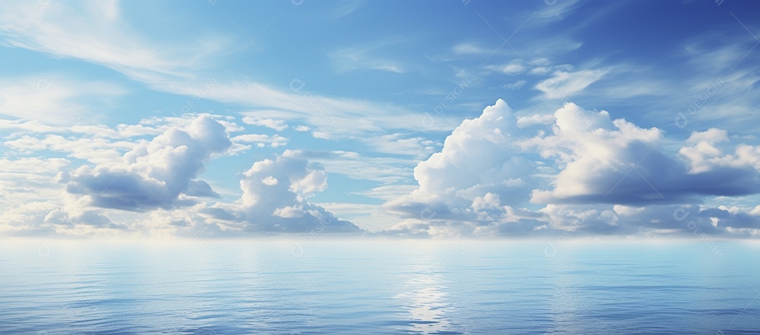 Céu e nuvens sobre a água em um horizonte azul