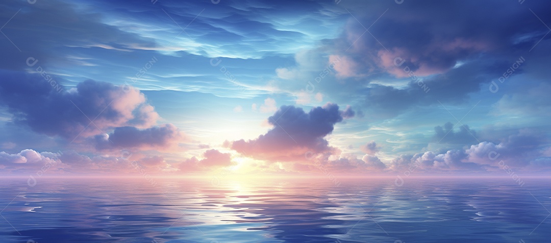 Céu e nuvens sobre a água em um horizonte azul