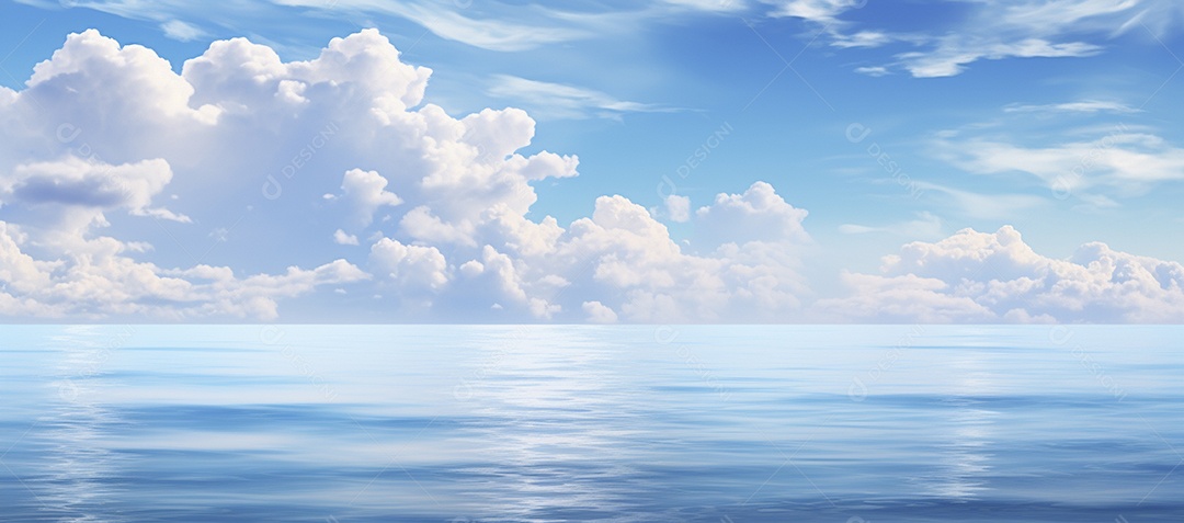Céu e nuvens sobre a água em um horizonte azul