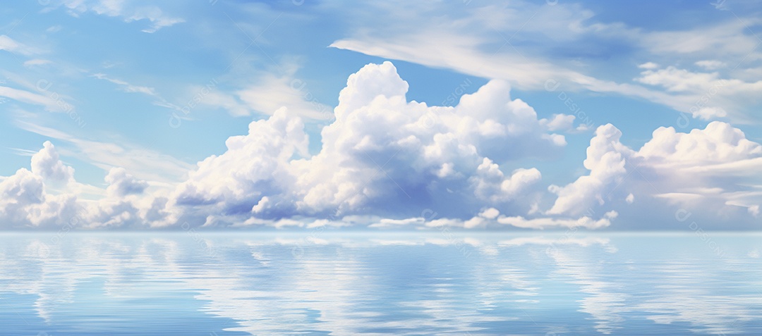 Céu e nuvens sobre a água em um horizonte azul