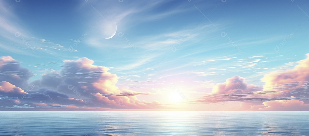 Céu e nuvens sobre a água em um horizonte azul