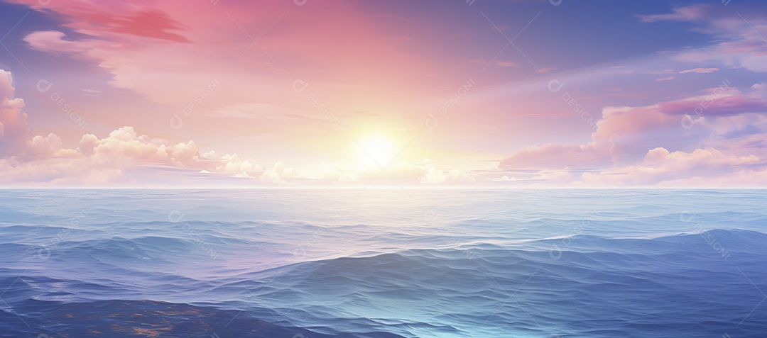 Céu e nuvens sobre a água em um horizonte azul