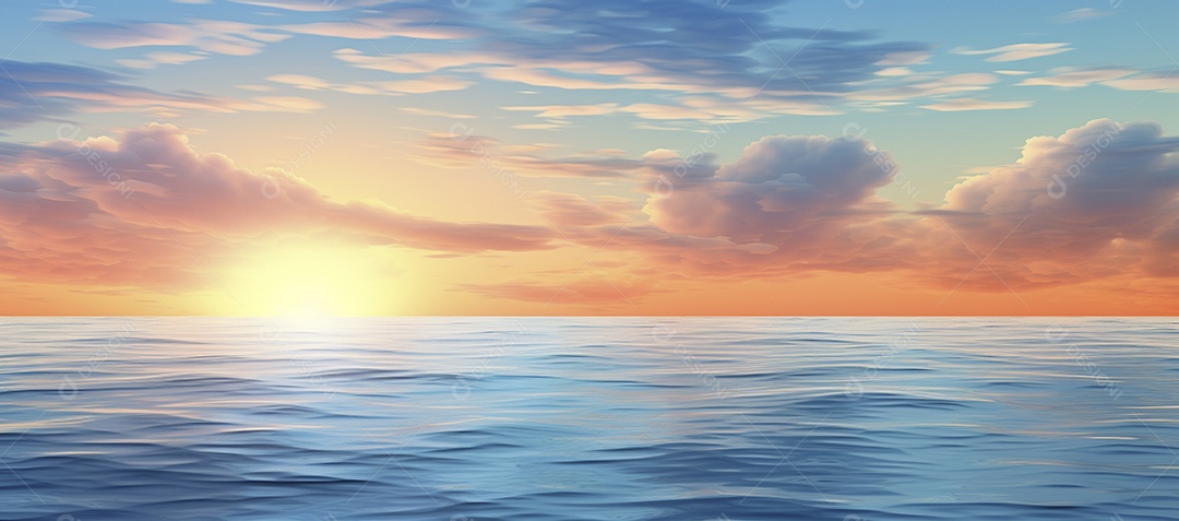 Céu e nuvens sobre a água em um horizonte azul