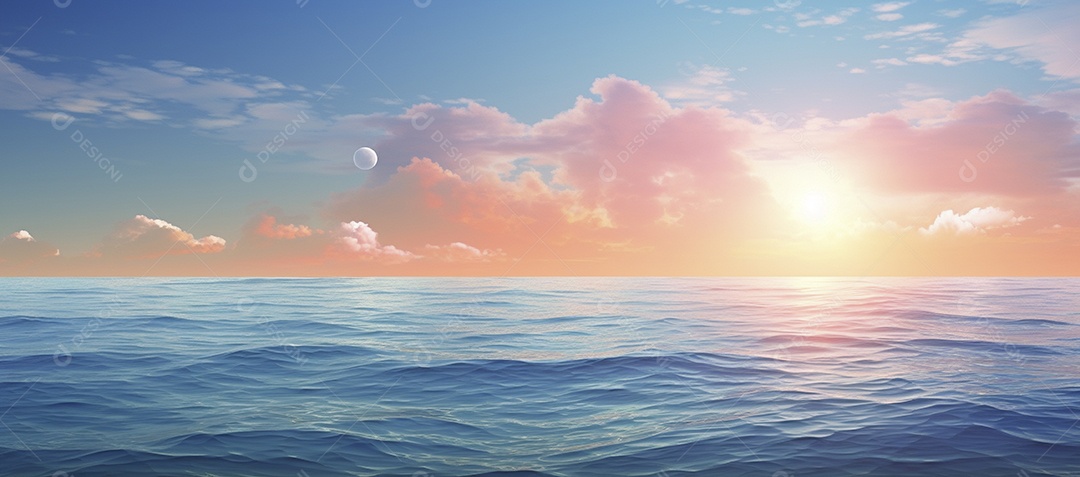 Céu e nuvens sobre a água em um horizonte azul