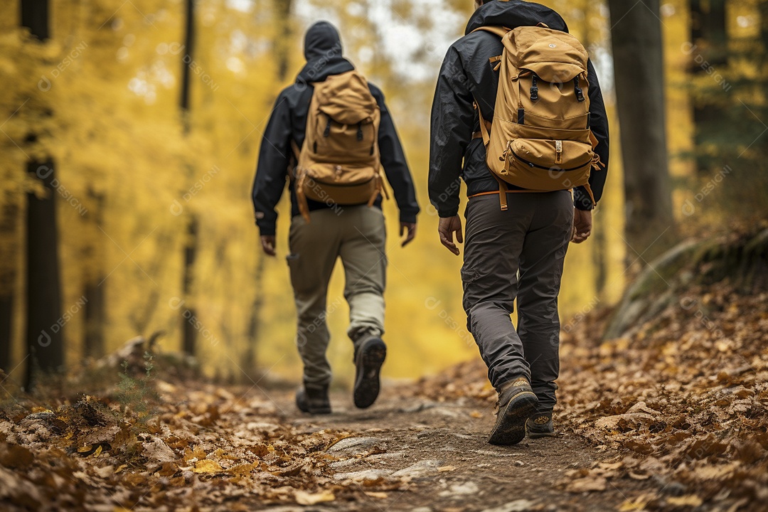 Dois caminhantes caminhando por uma floresta de outono