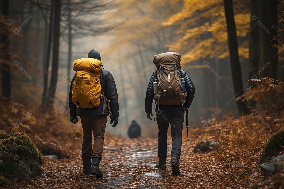 Dois caminhantes caminhando por uma floresta de outono