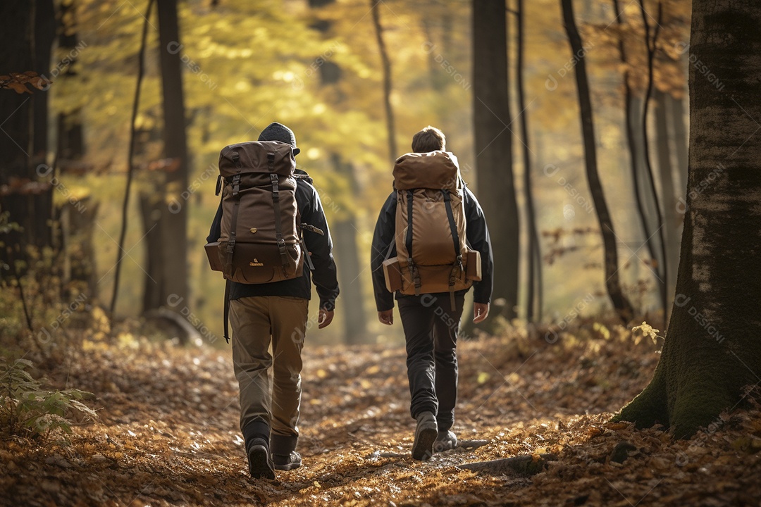 Dois caminhantes caminhando por uma floresta de outono