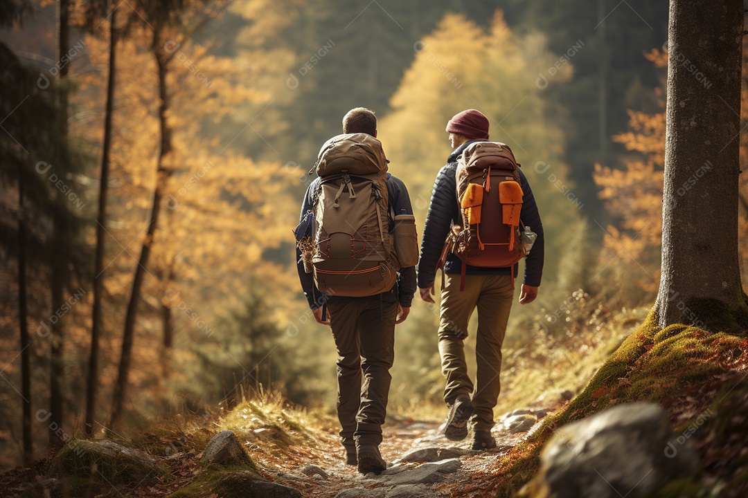 Dois caminhantes caminhando por uma floresta de outono