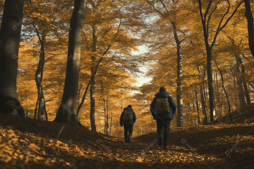 Dois caminhantes caminhando por uma floresta de outono