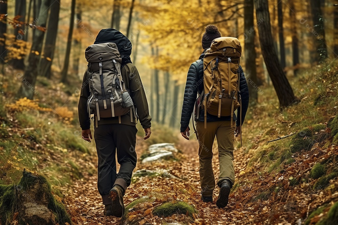 Dois caminhantes caminhando por uma floresta de outono