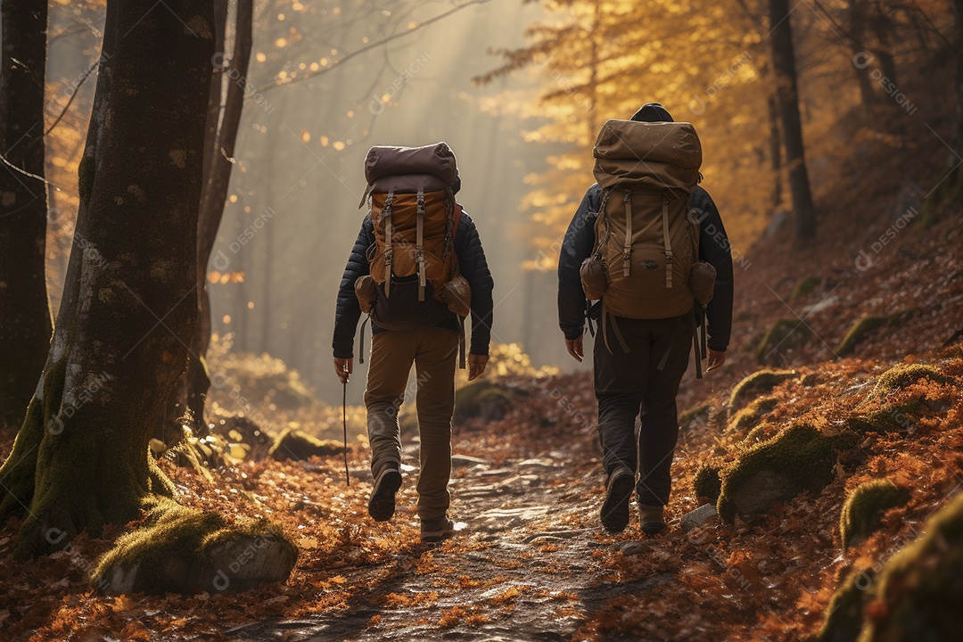 Dois caminhantes caminhando por uma floresta de outono