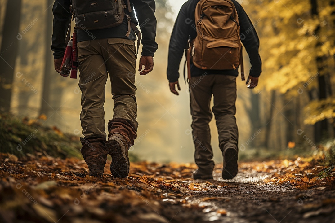Dois caminhantes caminhando por uma floresta de outono