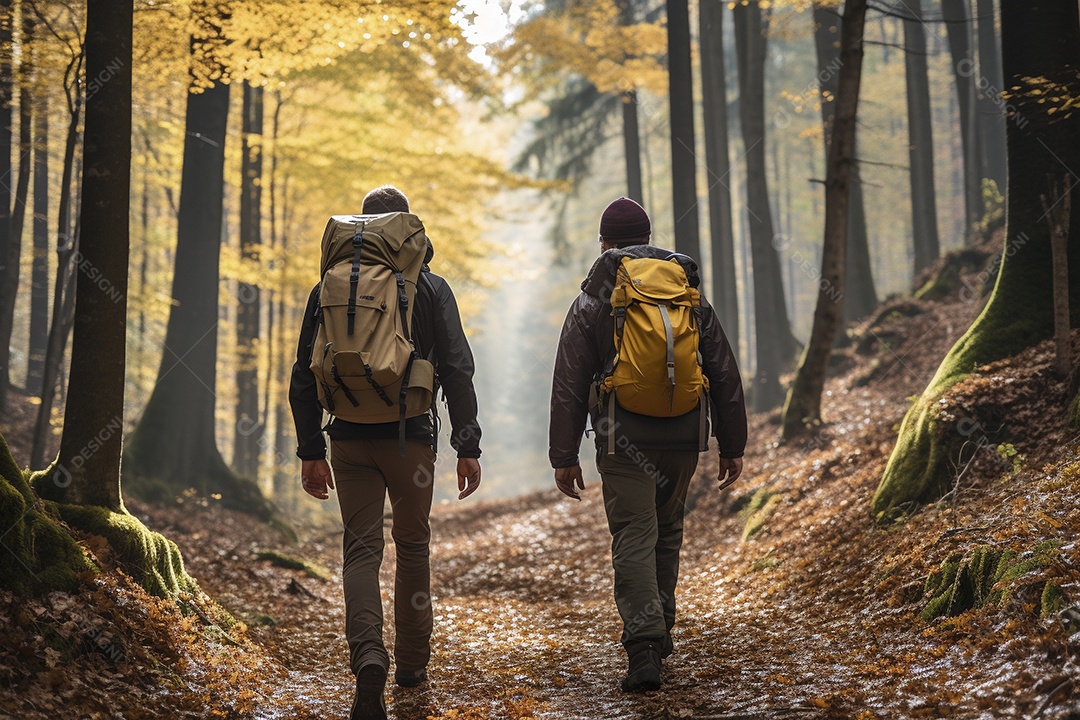 Dois caminhantes caminhando por uma floresta de outono