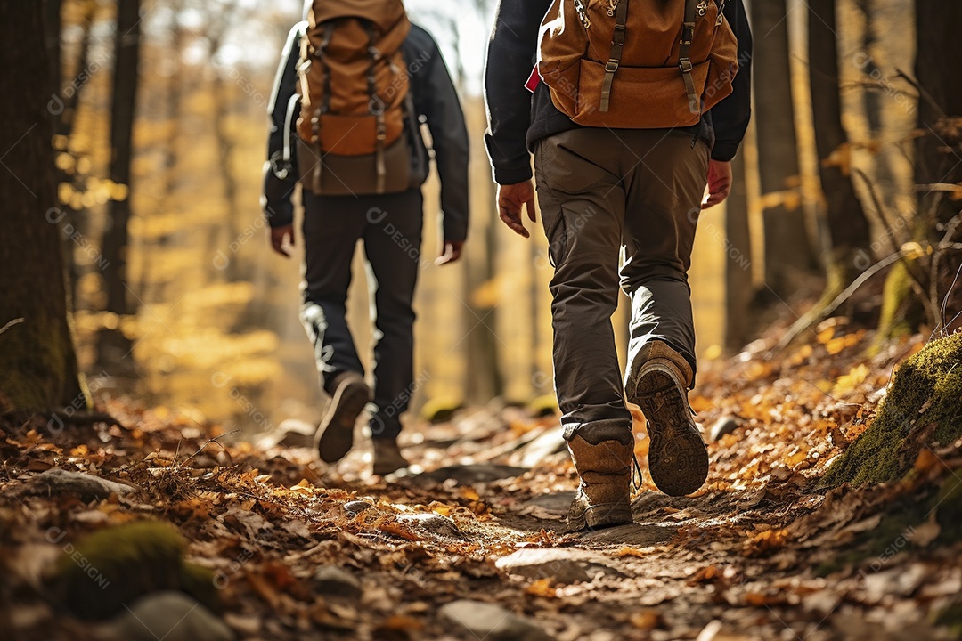 Dois caminhantes caminhando por uma floresta de outono