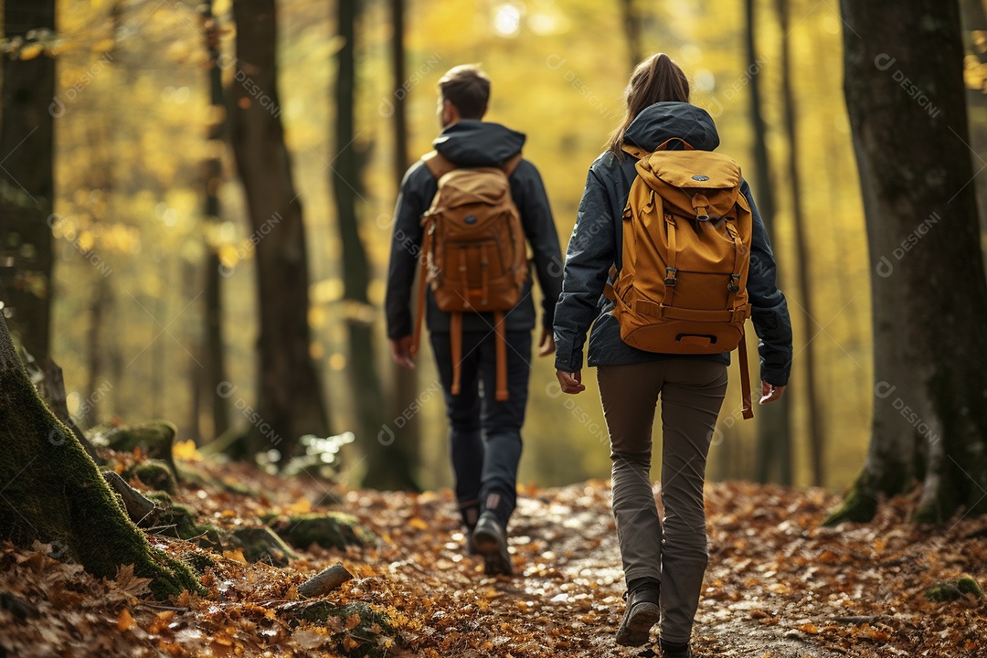 Dois caminhantes caminhando por uma floresta de outono