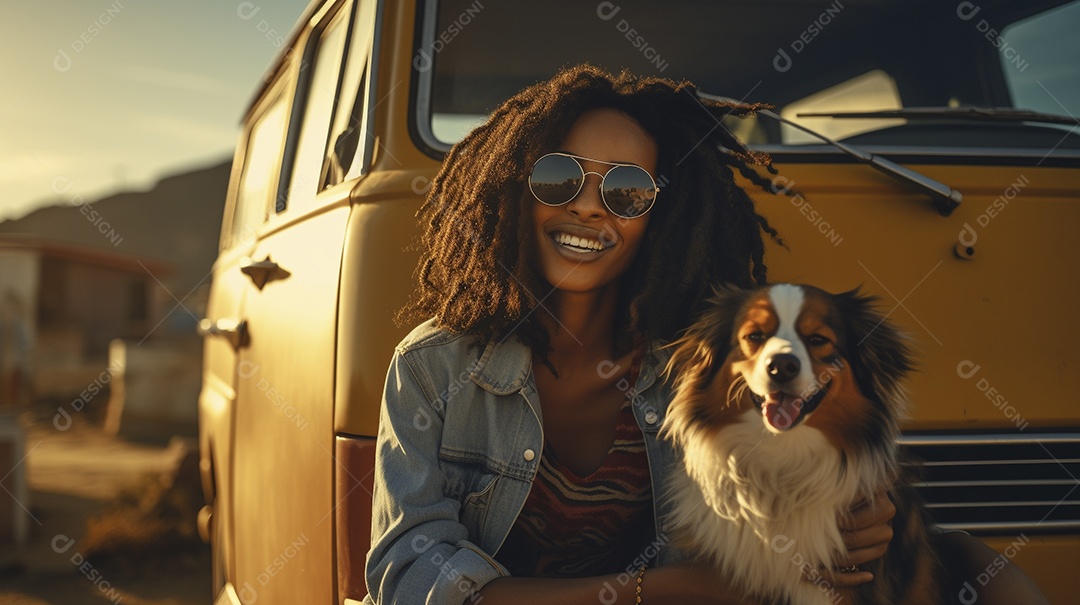 Mulher jovem e cachorro sentados na frente de sua van