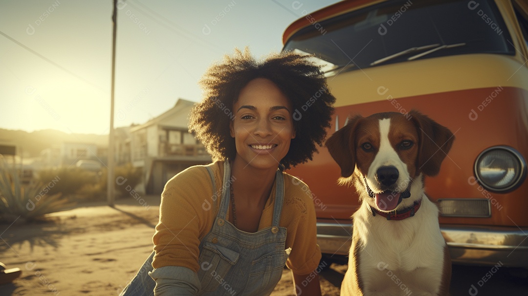 Mulher jovem e cachorro sentados na frente de sua van