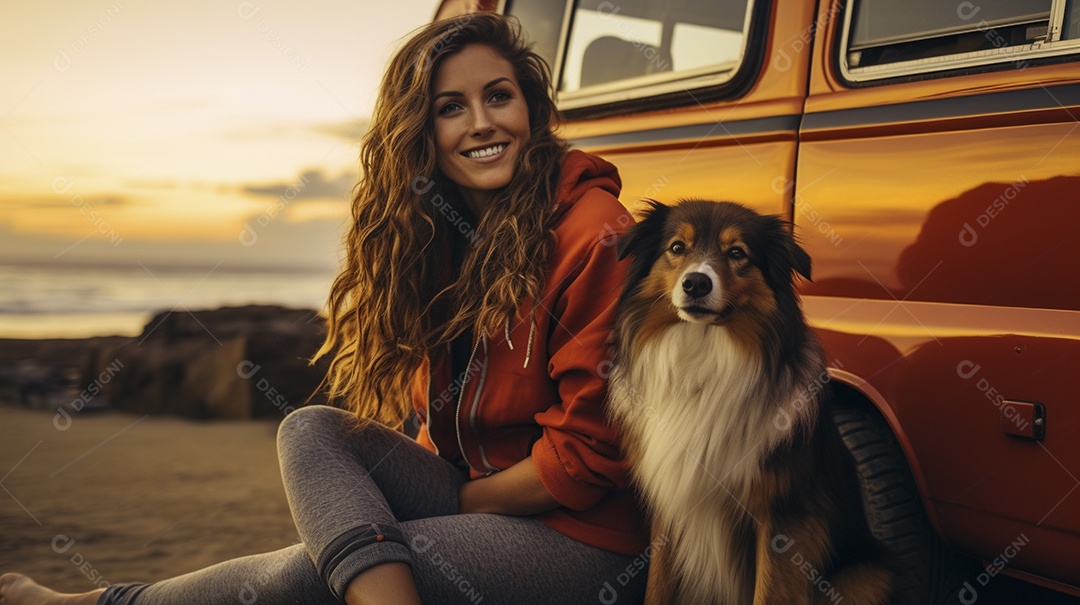 Mulher jovem e cachorro sentados na frente de sua van