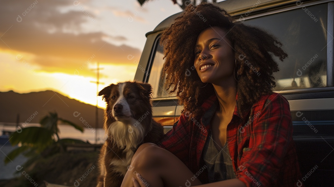 Mulher jovem e cachorro sentados na frente de sua van