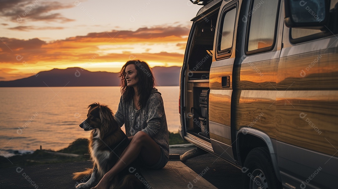 Mulher jovem e cachorro sentados na frente de sua van