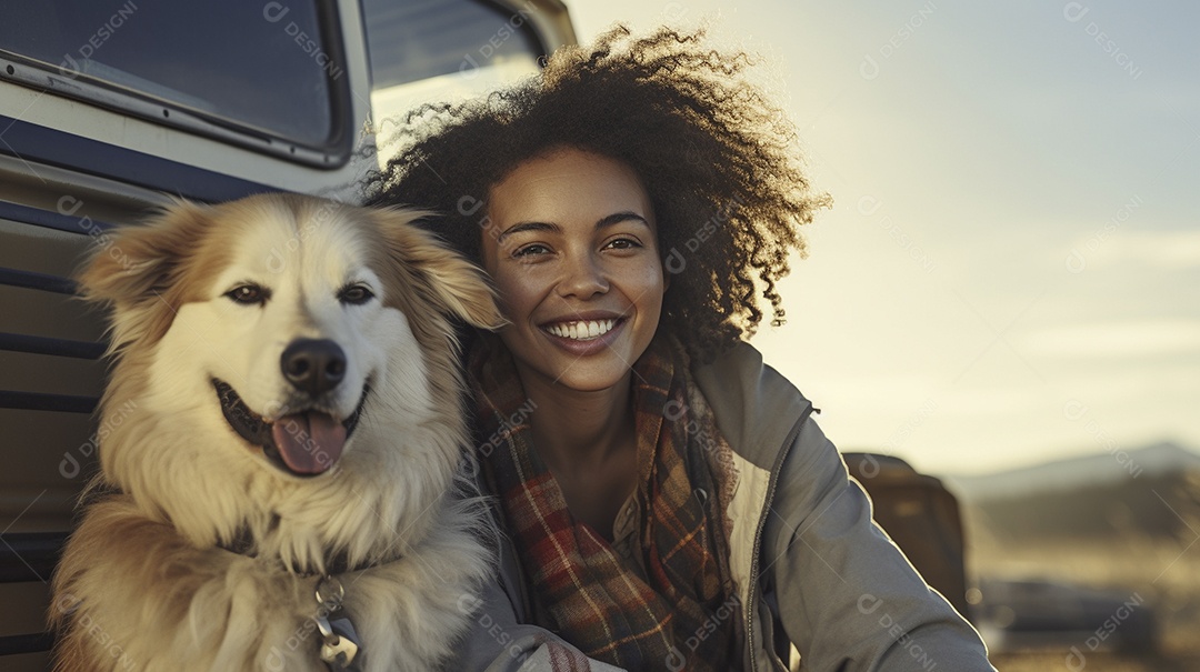 Mulher jovem e cachorro sentados na frente de sua van