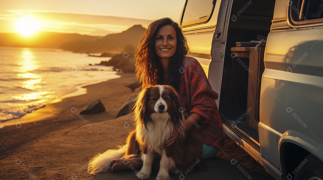 Mulher jovem e cachorro sentados na frente de sua van
