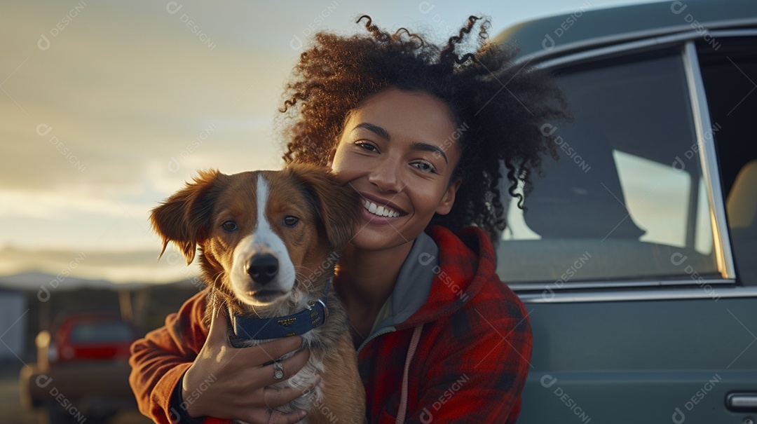 Mulher jovem e cachorro sentados na frente de sua van