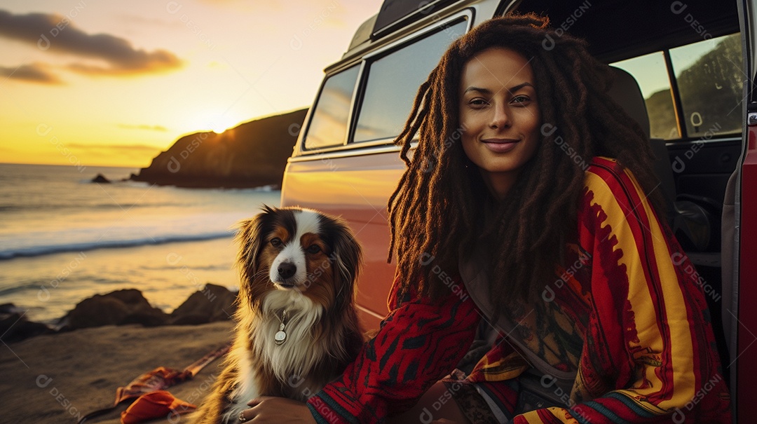 Mulher jovem e cachorro sentados na frente de sua van