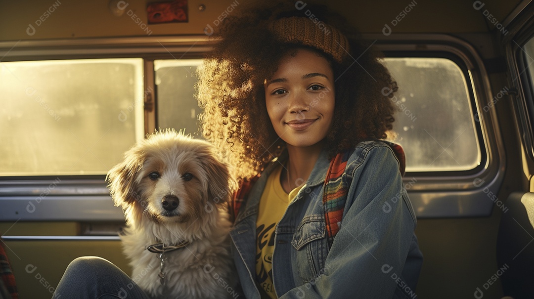 Mulher jovem e cachorro sentados na frente de sua van