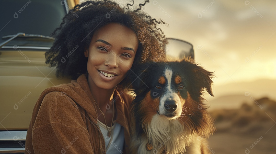 Mulher jovem e cachorro sentados na frente de sua van