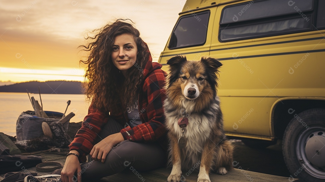 Mulher jovem e cachorro sentados na frente de sua van