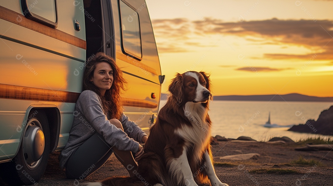 Mulher jovem e cachorro sentados na frente de sua van