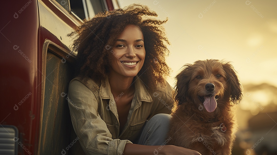 Mulher jovem e cachorro sentados na frente de sua van
