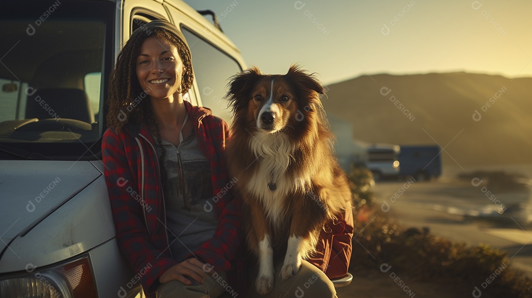 Mulher jovem e cachorro sentados na frente de sua van