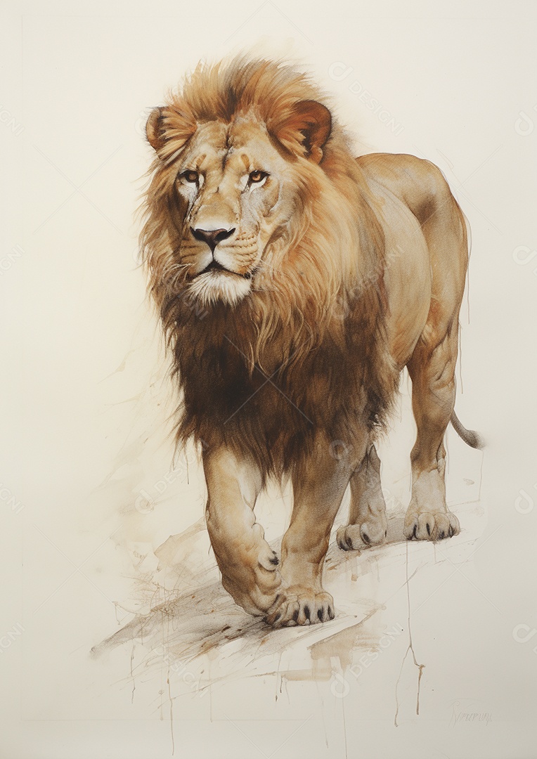 Desenho de um Leão andando por uma tela