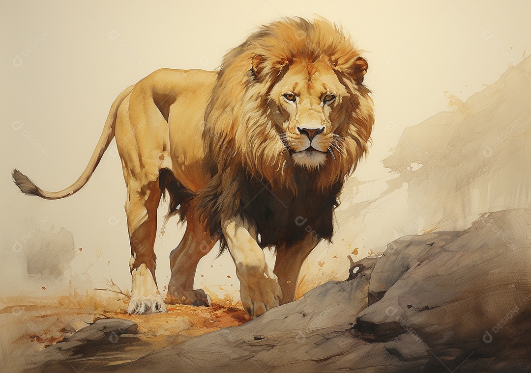 Desenho de um Leão andando por uma tela