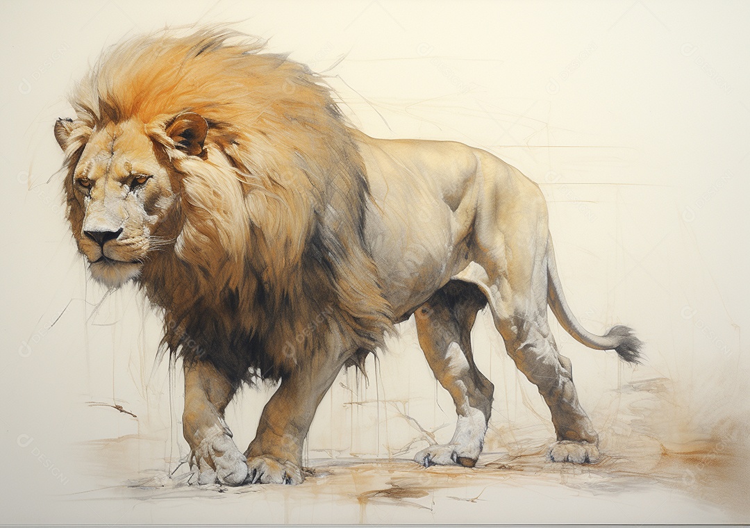 Desenho de um Leão andando por uma tela