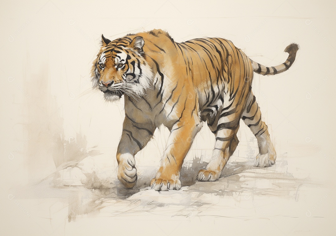 Desenho de um tigre andando por uma tela