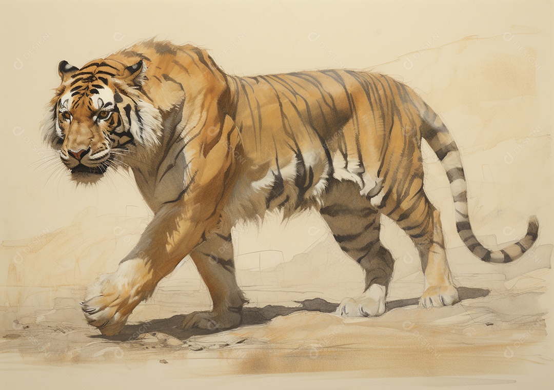 Desenho de um tigre andando por uma tela