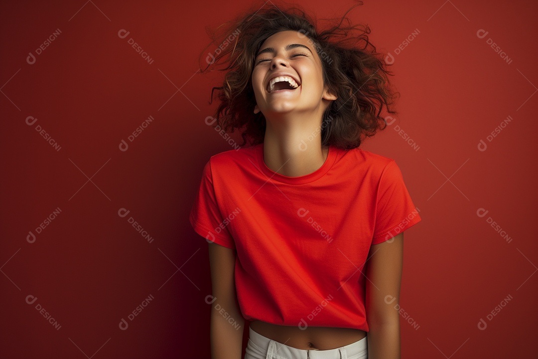 Mulher jovem sorridente vestindo camiseta vermelha
