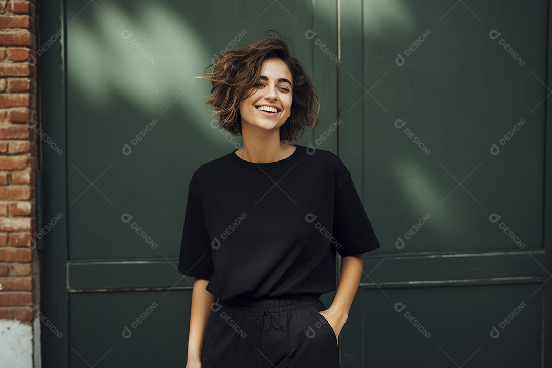 Mulher jovem sorridente vestindo camiseta preta