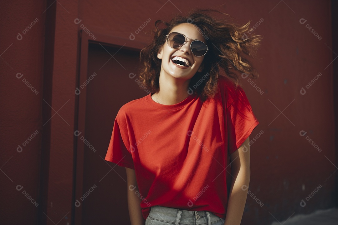 Mulher jovem sorridente vestindo camiseta vermelha