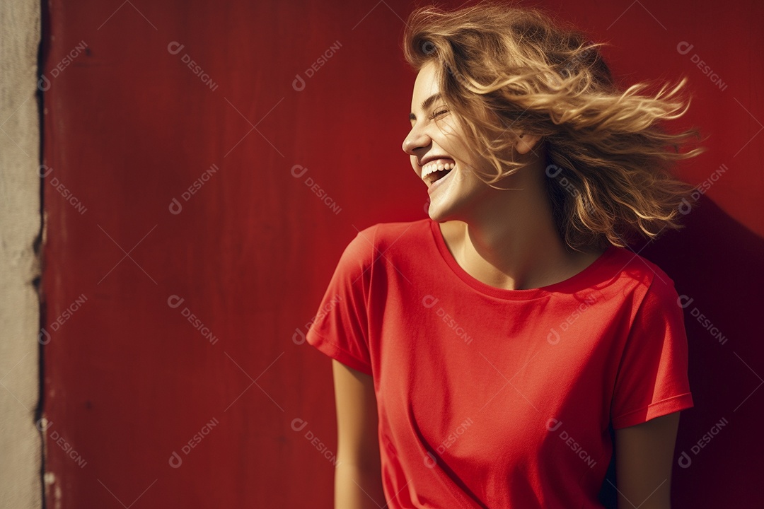 Mulher jovem sorridente vestindo camiseta vermelha