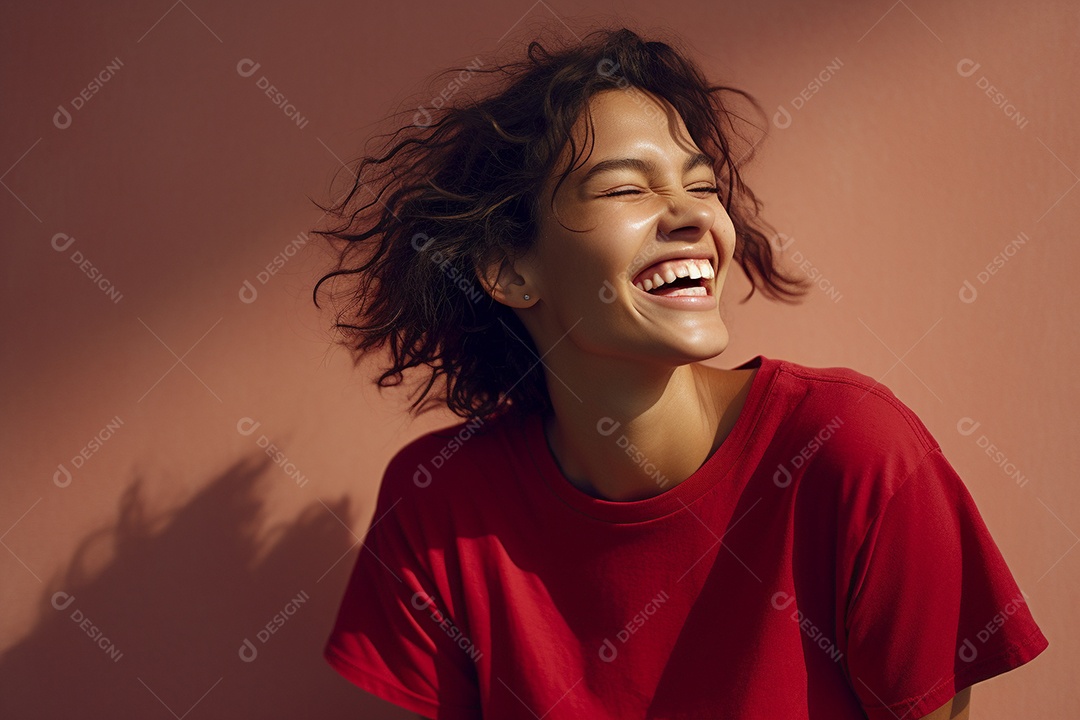 Mulher jovem sorridente vestindo camiseta vermelha