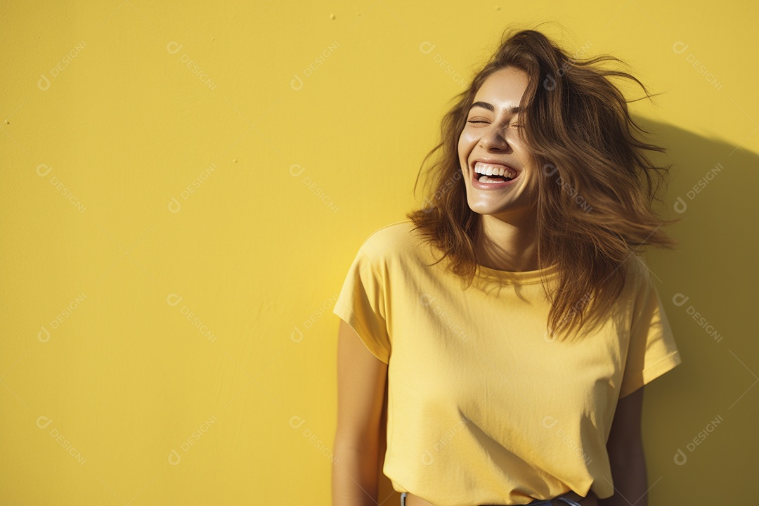 Mulher jovem sorridente vestindo camiseta amarela