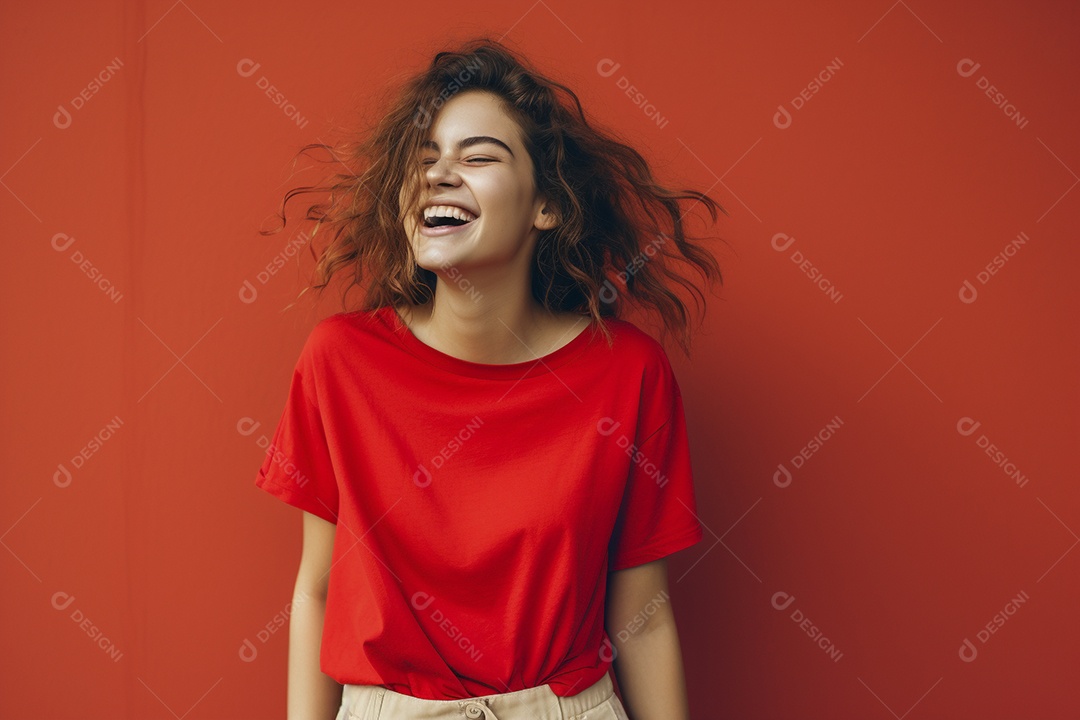 Mulher jovem sorridente vestindo camiseta vermelha